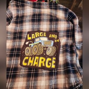 Upcyled Plaid Kids Shirt with Monster Truck Design size Large